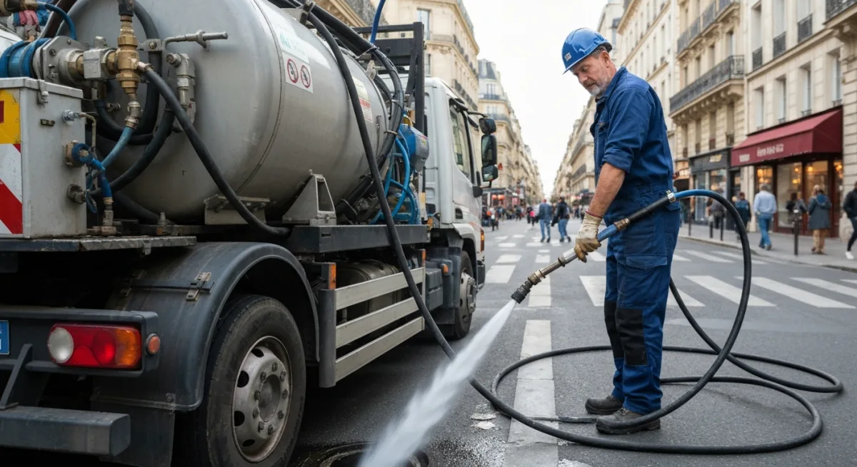 Camion hydrocureur professionnel sur un chantier